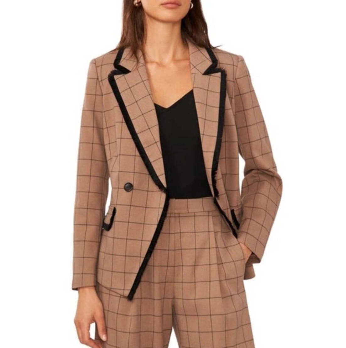 Halogen Windowpane Fringe Trim Double Breasted Blazer Old Money Tan Black 2x New